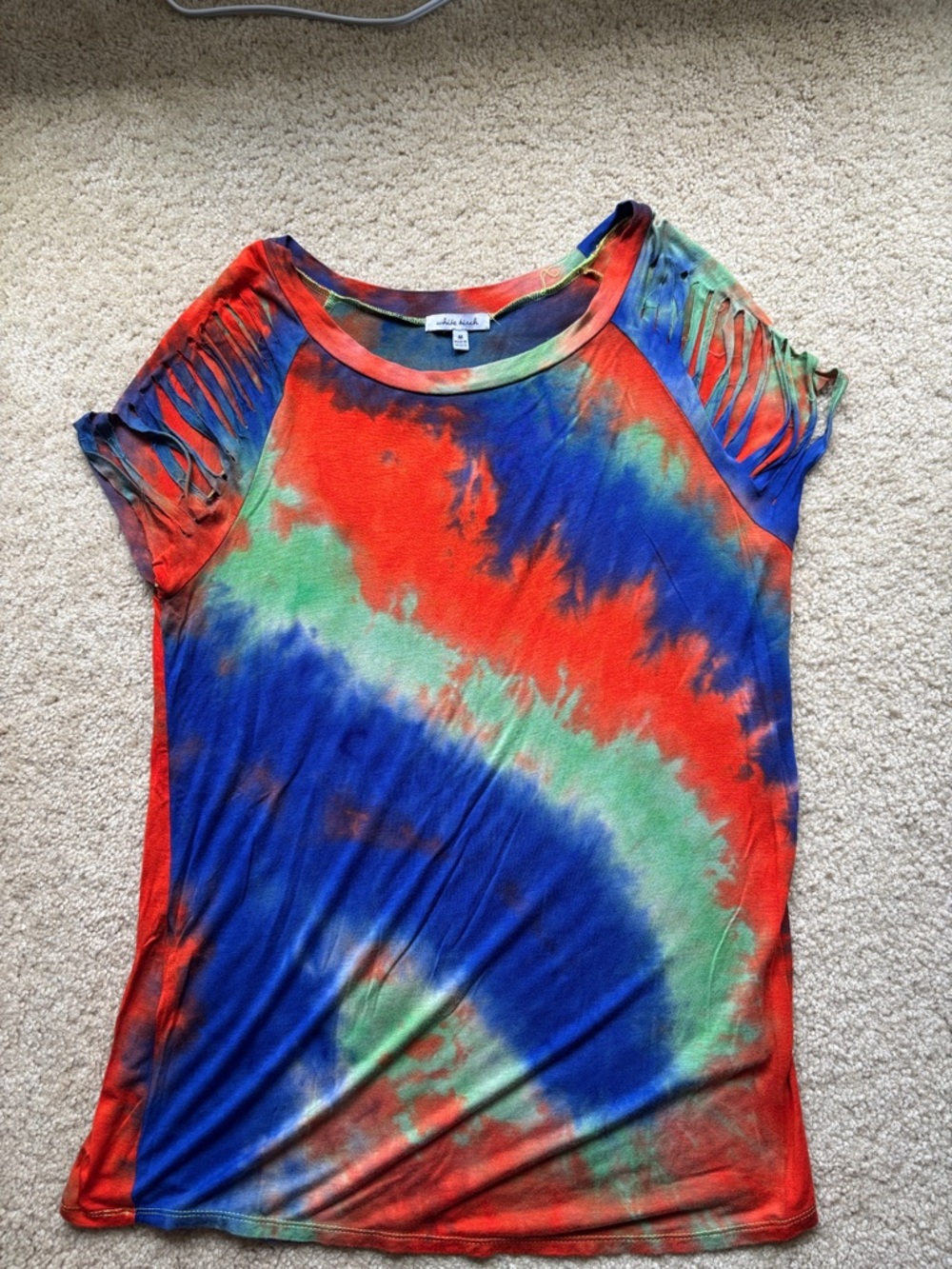 white birch Tie-Dye Fringe Sleeve Short Sleeve Tee - Red, Blue, Green